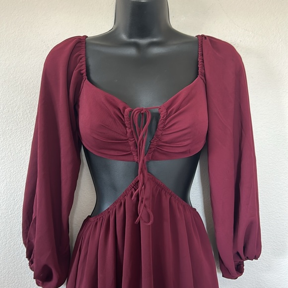 Princess Polly Natasha Maroon Burgundy Halter Cutout Balloon Sleeve Mini Dress - Picture 6 of 13